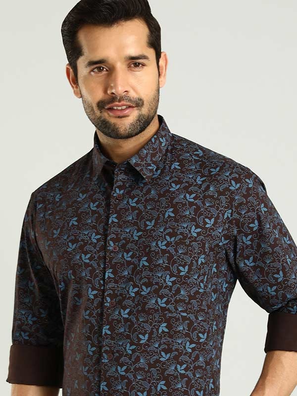 Indian Terrain Men's Regular Fit Full Sleeve Floral Print Dark Brown Shirt
